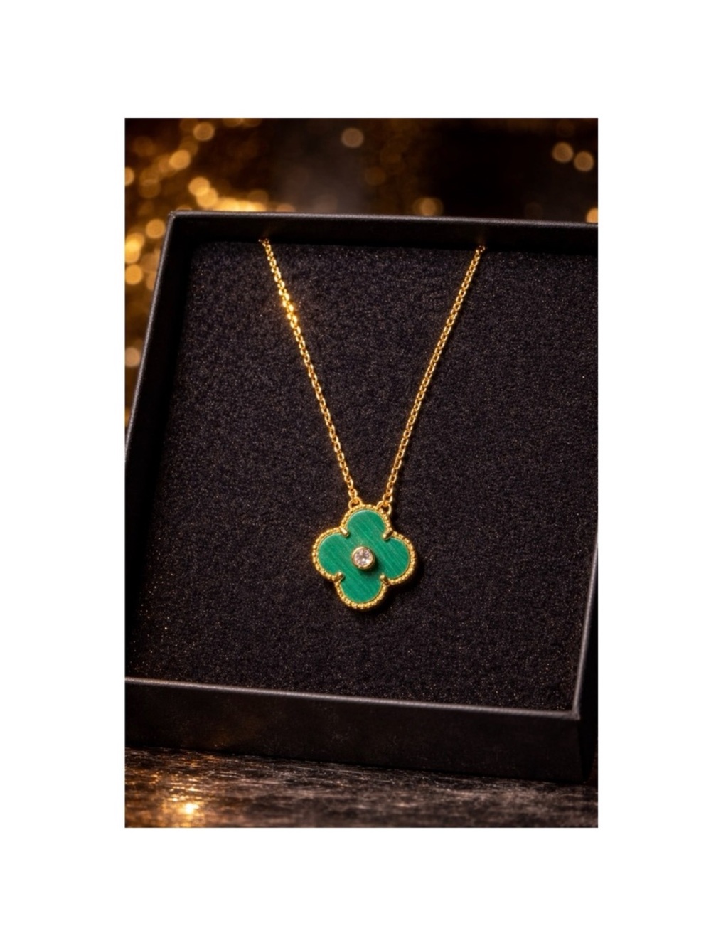 Gold-Plated Green Clover Pendant Necklace with Center Crystal